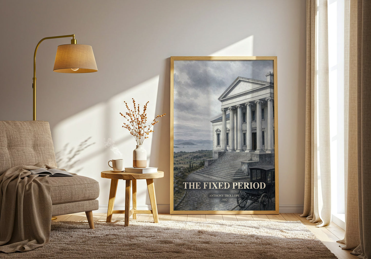 The Fixed Period watercolour print in frame leaning in hallway – satire wall art