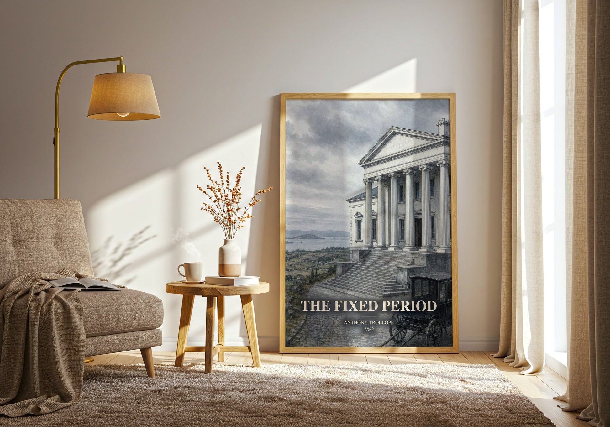 The Fixed Period watercolour print in frame leaning in hallway – satire wall art