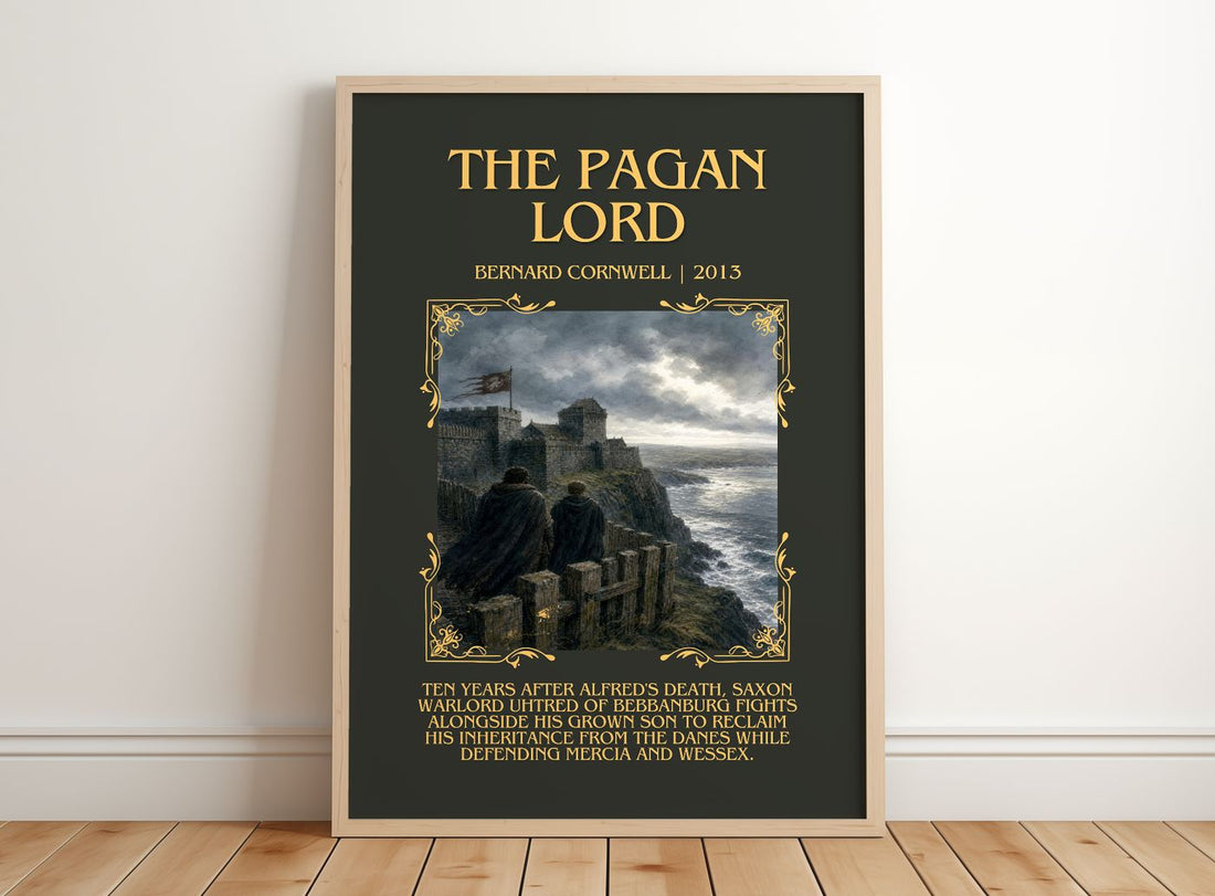 The Pagan Lord Minimalist Book Poster by Bernard Cornwell – framed print leaning on a wooden floor