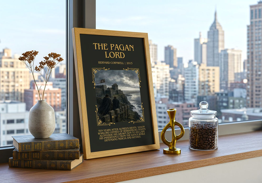 The Pagan Lord Minimalist Book Poster by Bernard Cornwell – framed print on a city-view windowsill