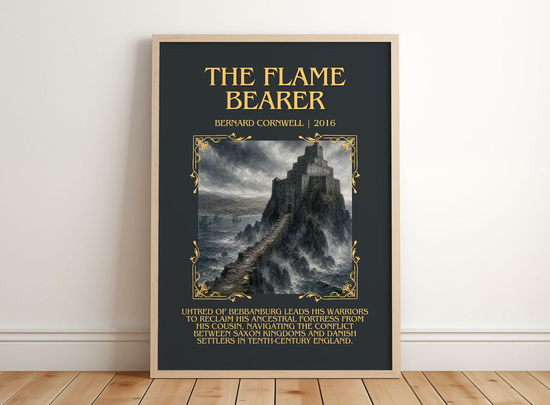 The Flame Bearer Minimalist Book Poster by Bernard Cornwell – framed print leaning on a wooden floor