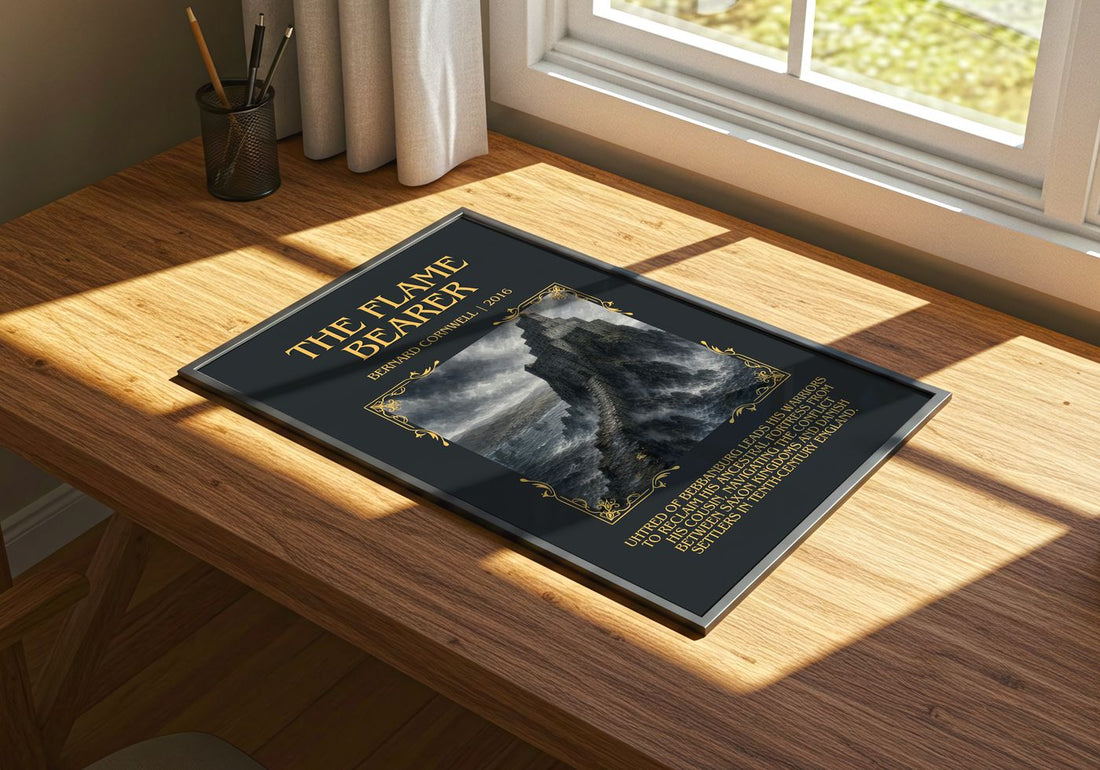 The Flame Bearer Minimalist Book Poster by Bernard Cornwell – print on a sunlit desk
