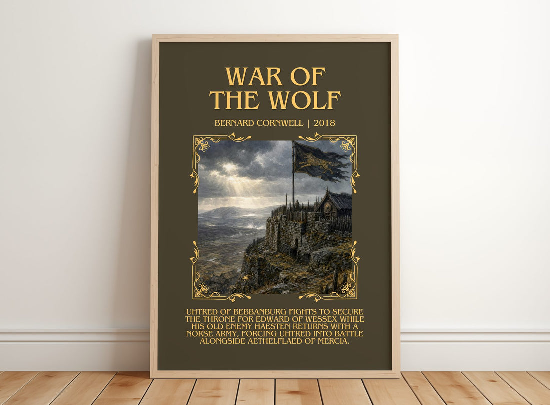 War of the Wolf Minimalist Book Poster by Bernard Cornwell – framed print leaning on a wooden floor