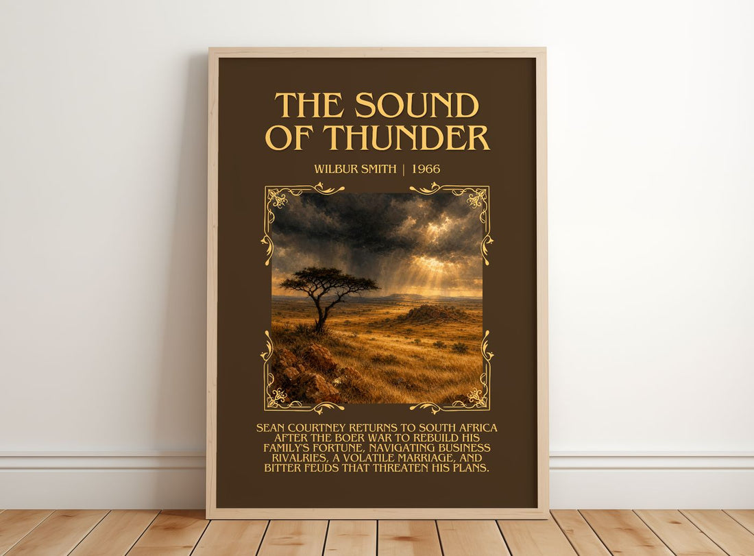 The Sound of Thunder Minimalist Book Poster by Wilbur Smith – framed print leaning on a wooden floor