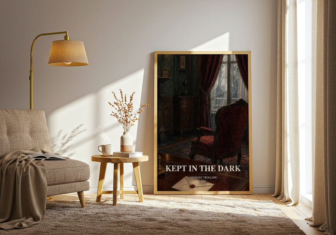 Kept In The Dark watercolour print in frame leaning in hallway – classic literature wall art (mockup)