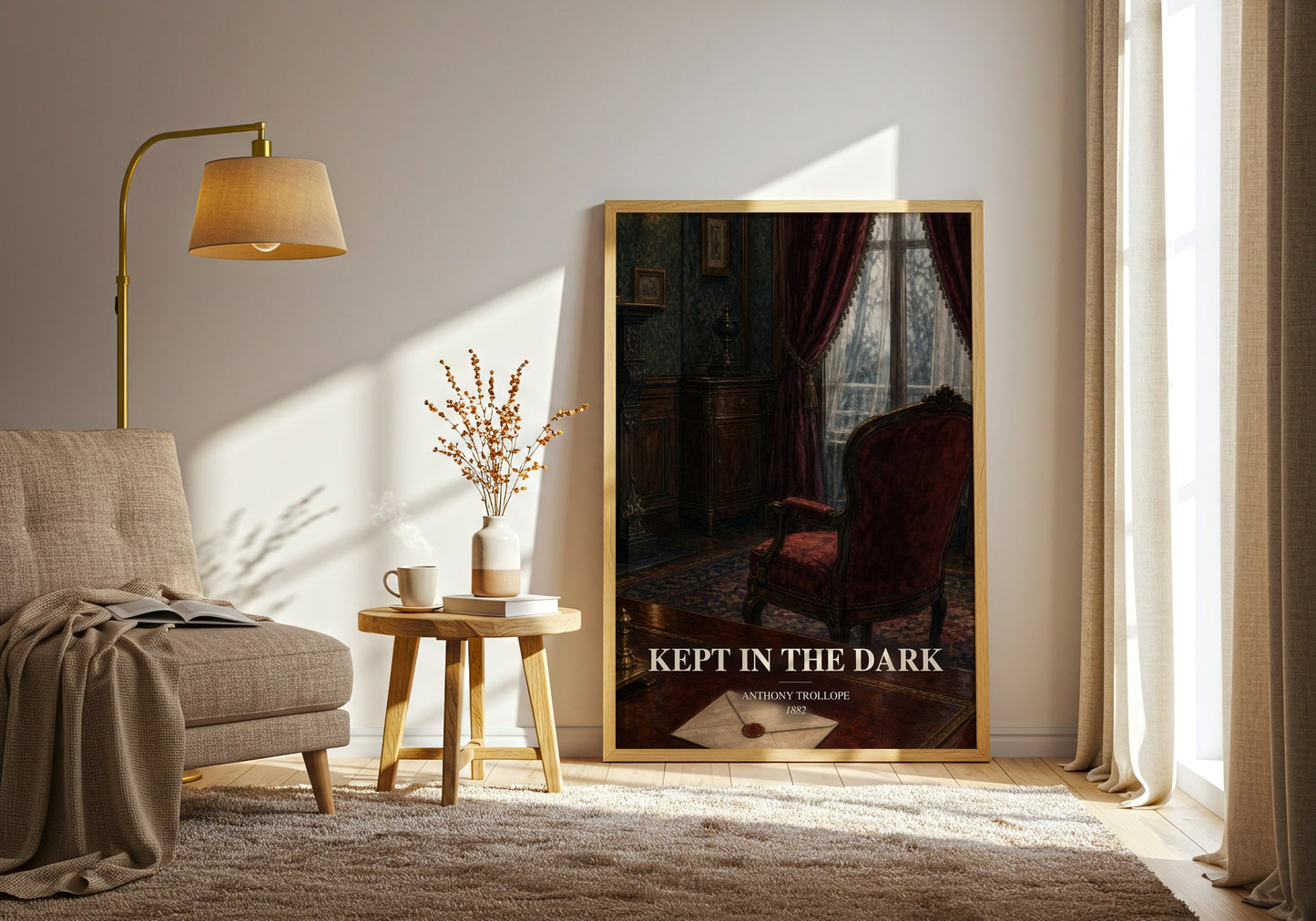 Kept In The Dark watercolour print in frame leaning in hallway – classic literature wall art