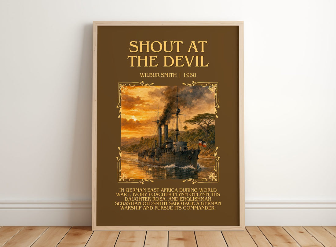 Shout at the Devil Minimalist Book Poster by Wilbur Smith – framed print leaning on a wooden floor