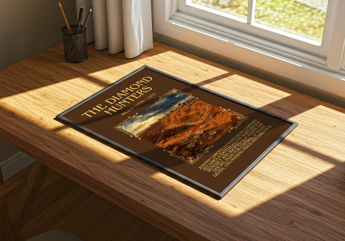 The Diamond Hunters Minimalist Book Poster by Wilbur Smith – print on a sunlit desk
