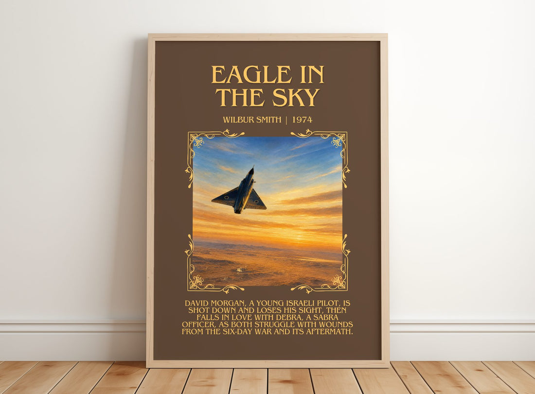 Eagle in the Sky Minimalist Book Poster by Wilbur Smith – framed print leaning on a wooden floor