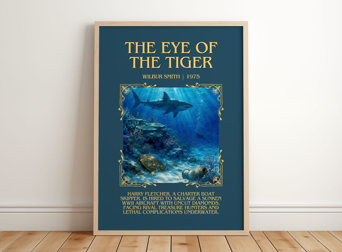 The Eye of the Tiger Minimalist Book Poster by Wilbur Smith – framed print leaning on a wooden floor