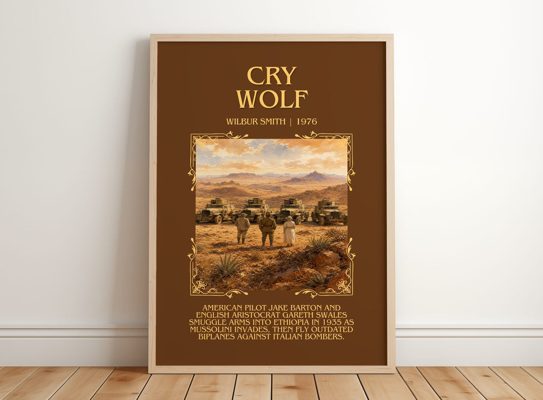 Cry Wolf Minimalist Book Poster by Wilbur Smith – framed print leaning on a wooden floor