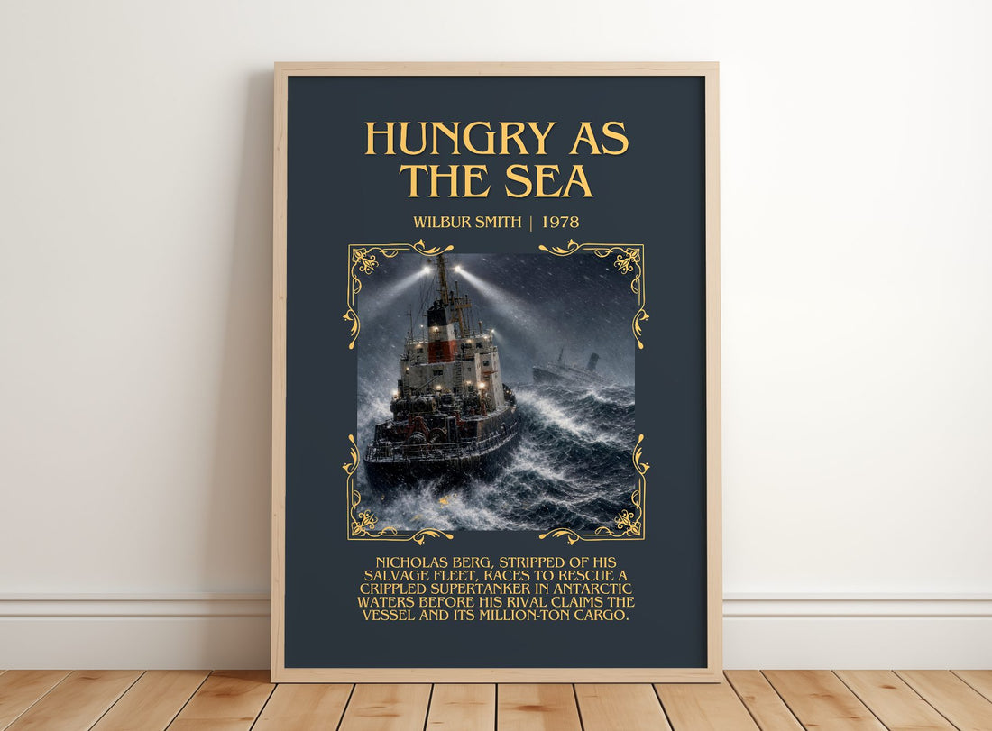Hungry as the Sea Minimalist Book Poster by Wilbur Smith – framed print leaning on a wooden floor