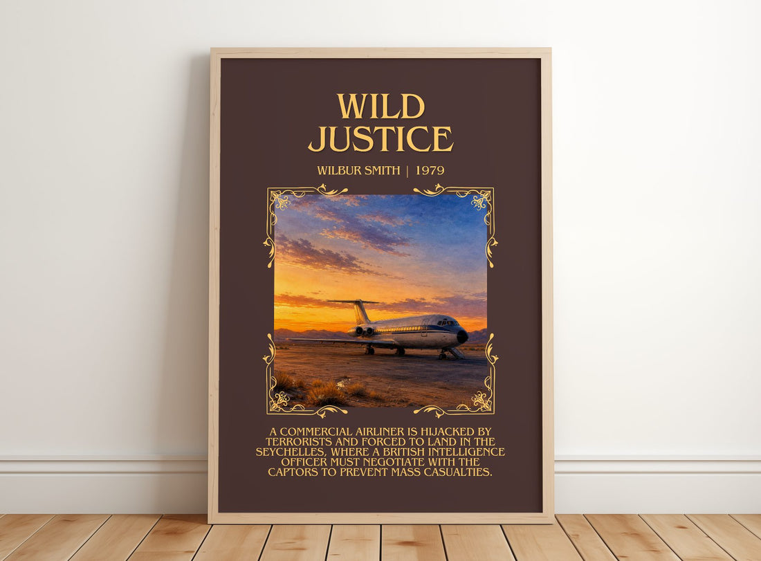 Wild Justice Minimalist Book Poster by Wilbur Smith – framed print leaning on a wooden floor