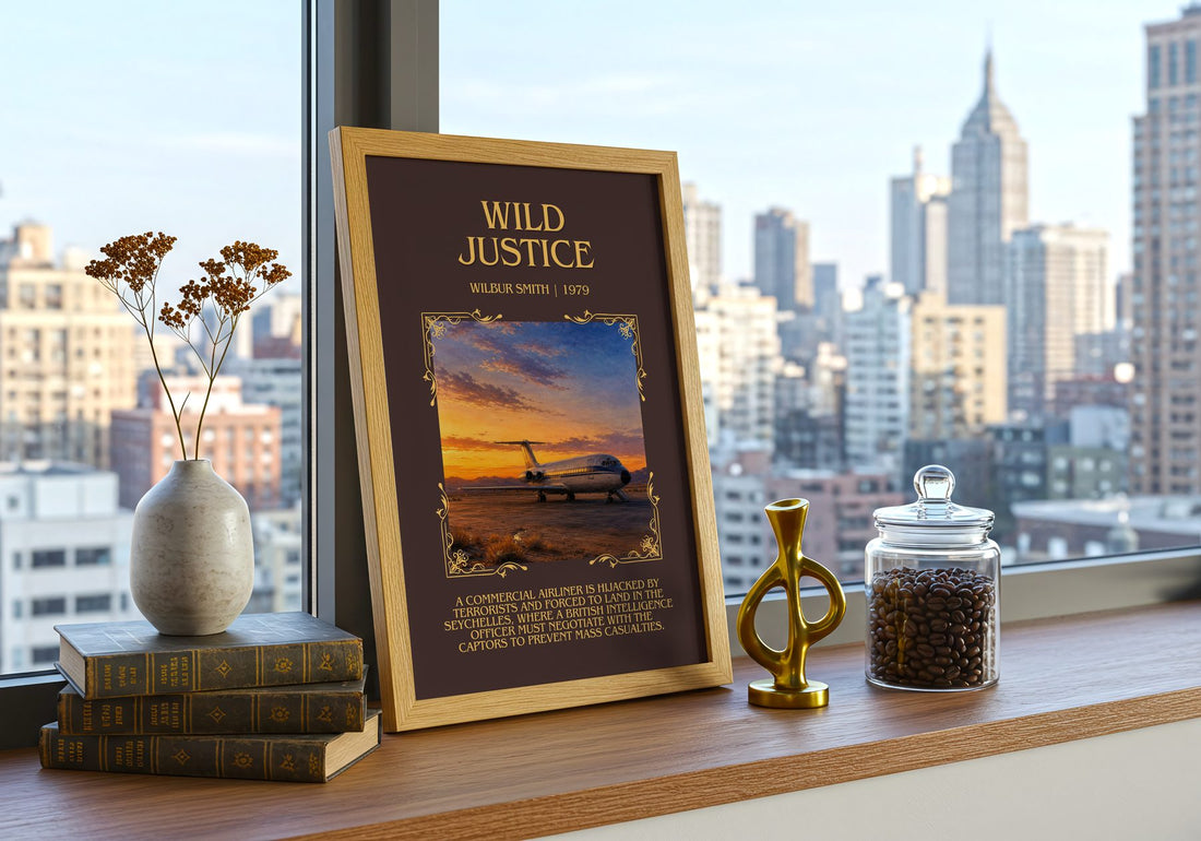Wild Justice Minimalist Book Poster by Wilbur Smith – framed print on a city-view windowsill