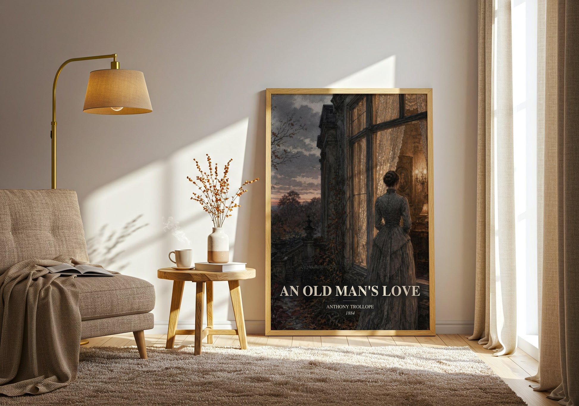 An Old Man'S Love watercolour print in frame leaning in hallway – literary fiction wall art