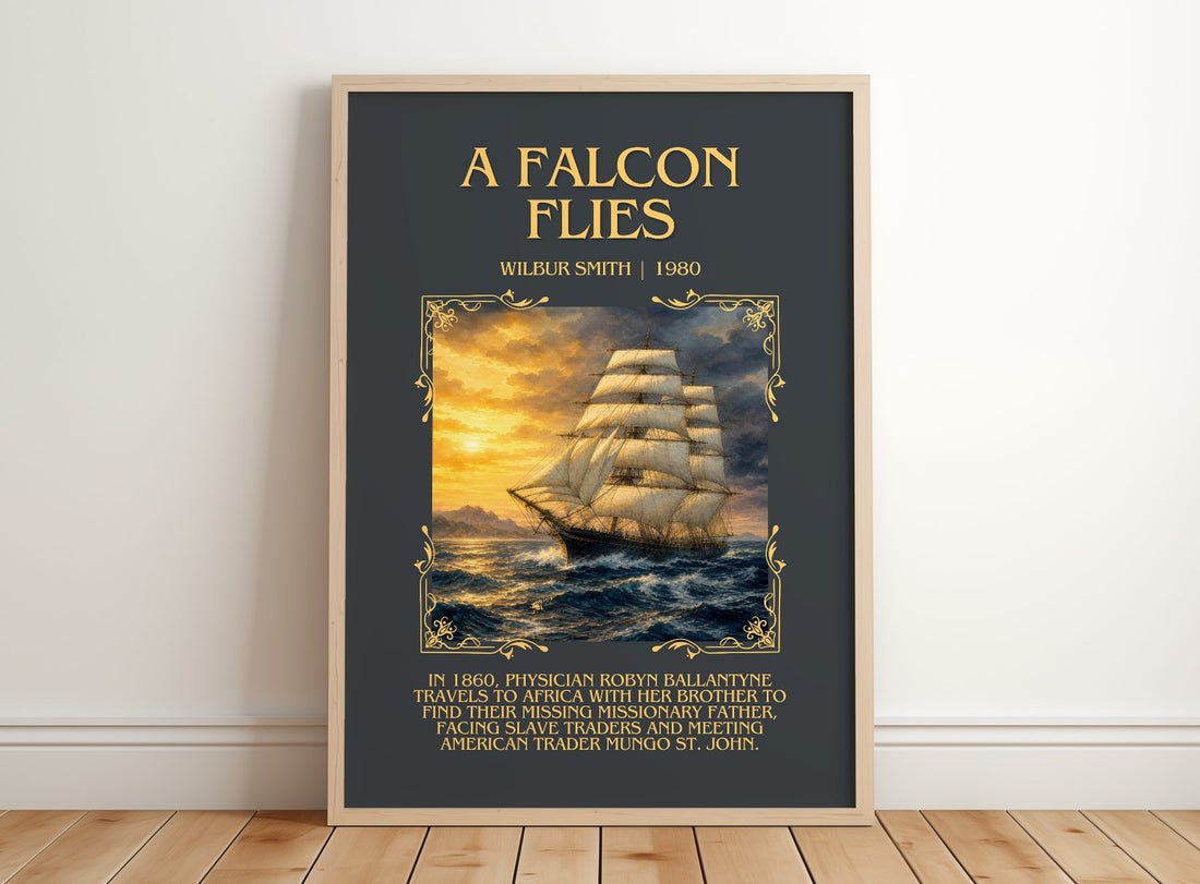 A Falcon Flies Minimalist Book Poster by Wilbur Smith – framed print leaning on a wooden floor