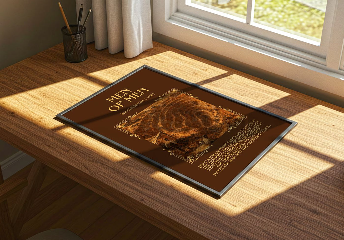Men of Men Minimalist Book Poster by Wilbur Smith – print on a sunlit desk