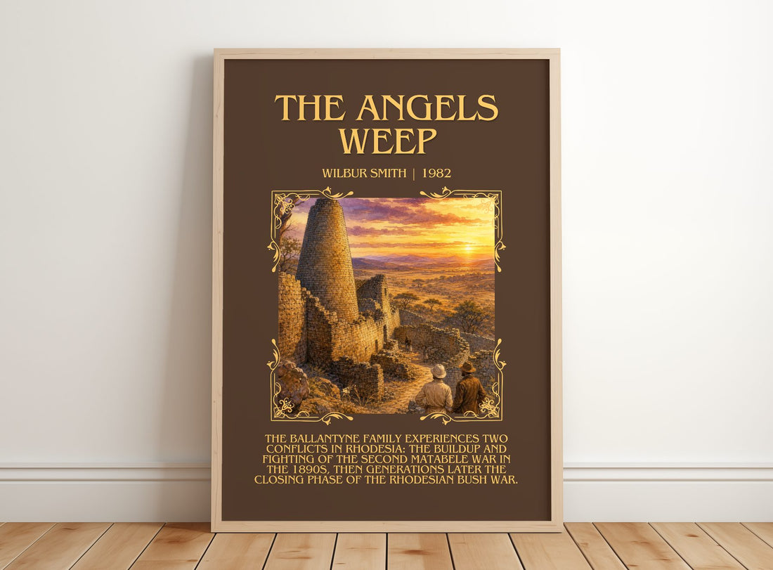 The Angels Weep Minimalist Book Poster by Wilbur Smith – framed print leaning on a wooden floor