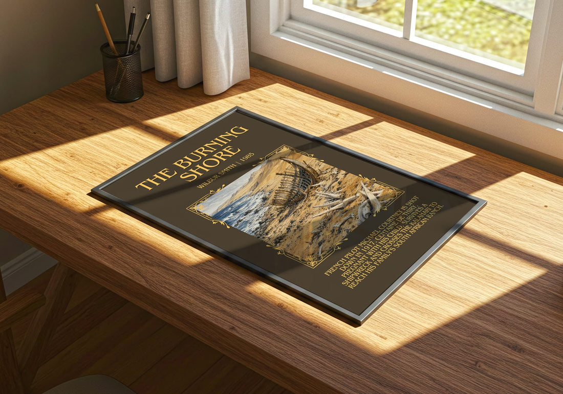 The Burning Shore Minimalist Book Poster by Wilbur Smith – print on a sunlit desk
