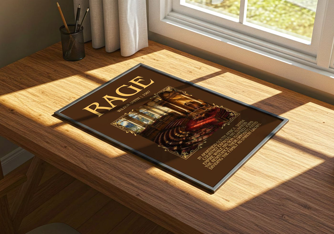Rage Minimalist Book Poster by Wilbur Smith – print on a sunlit desk