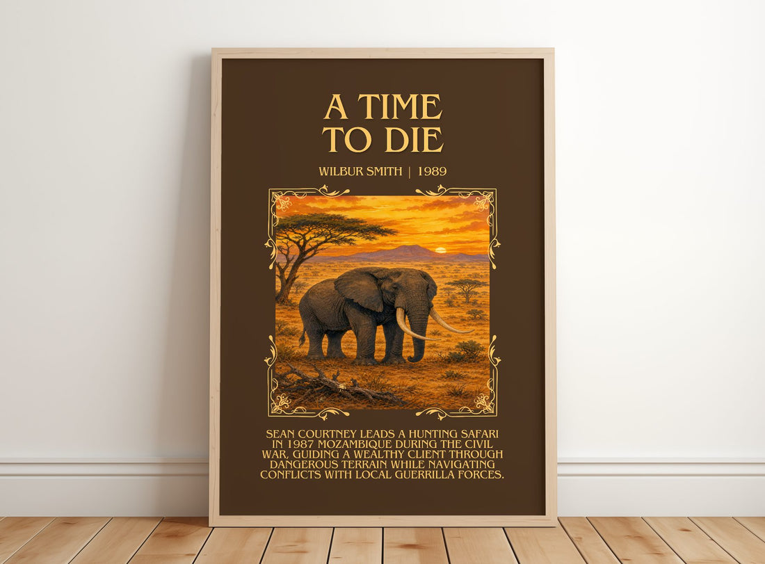 A Time to Die Minimalist Book Poster by Wilbur Smith – framed print leaning on a wooden floor