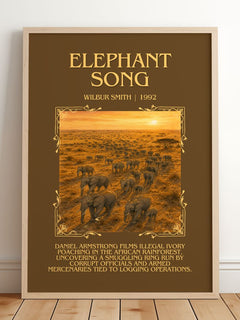 Elephant Song Minimalist Book Poster by Wilbur Smith – framed print leaning on a wooden floor