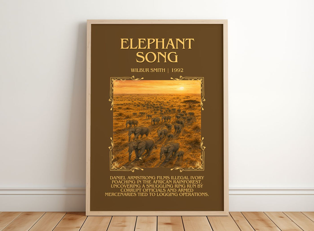 Elephant Song Minimalist Book Poster by Wilbur Smith – framed print leaning on a wooden floor