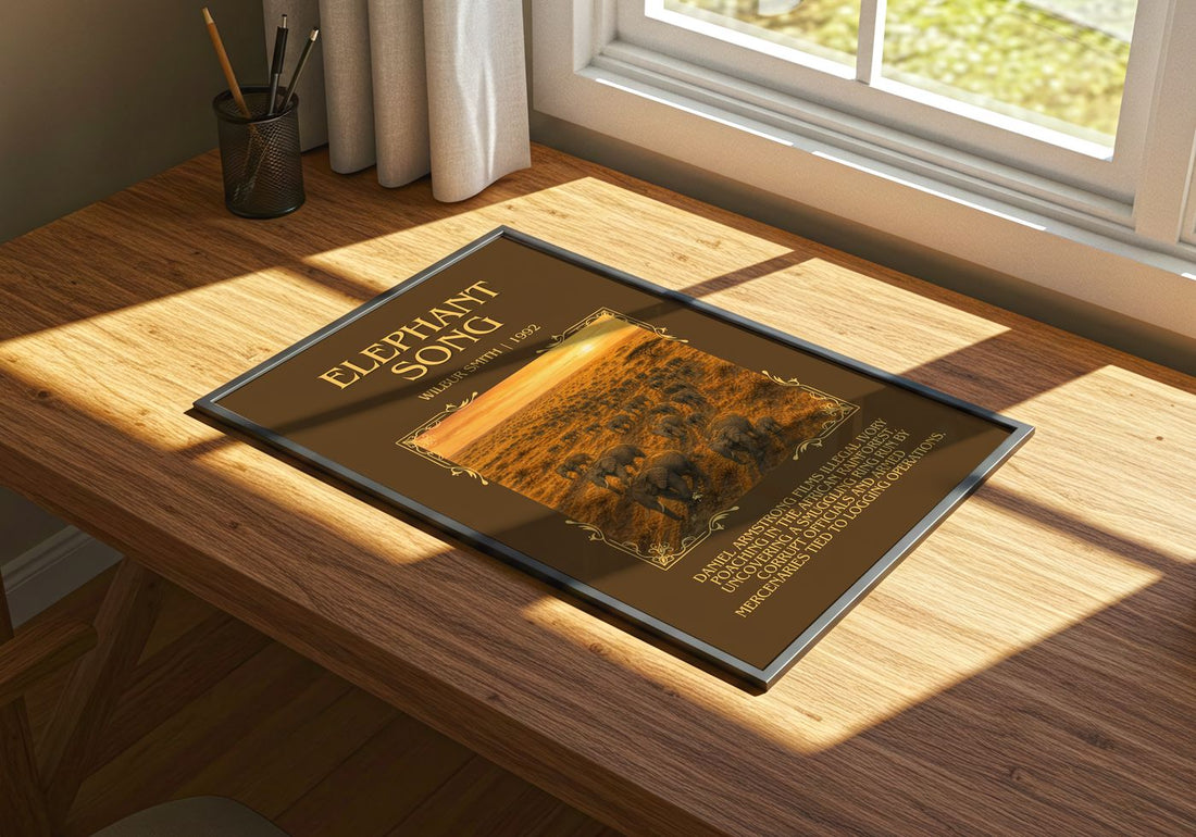 Elephant Song Minimalist Book Poster by Wilbur Smith – print on a sunlit desk