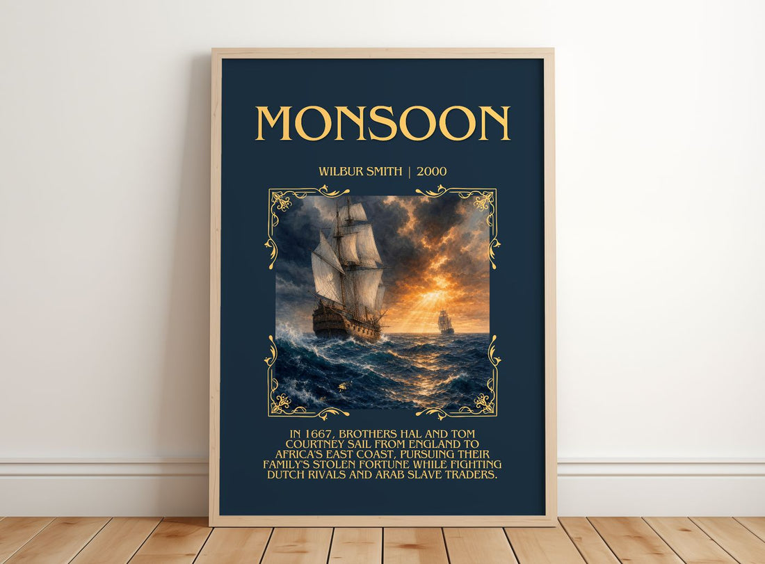 Monsoon Minimalist Book Poster by Wilbur Smith – framed print leaning on a wooden floor