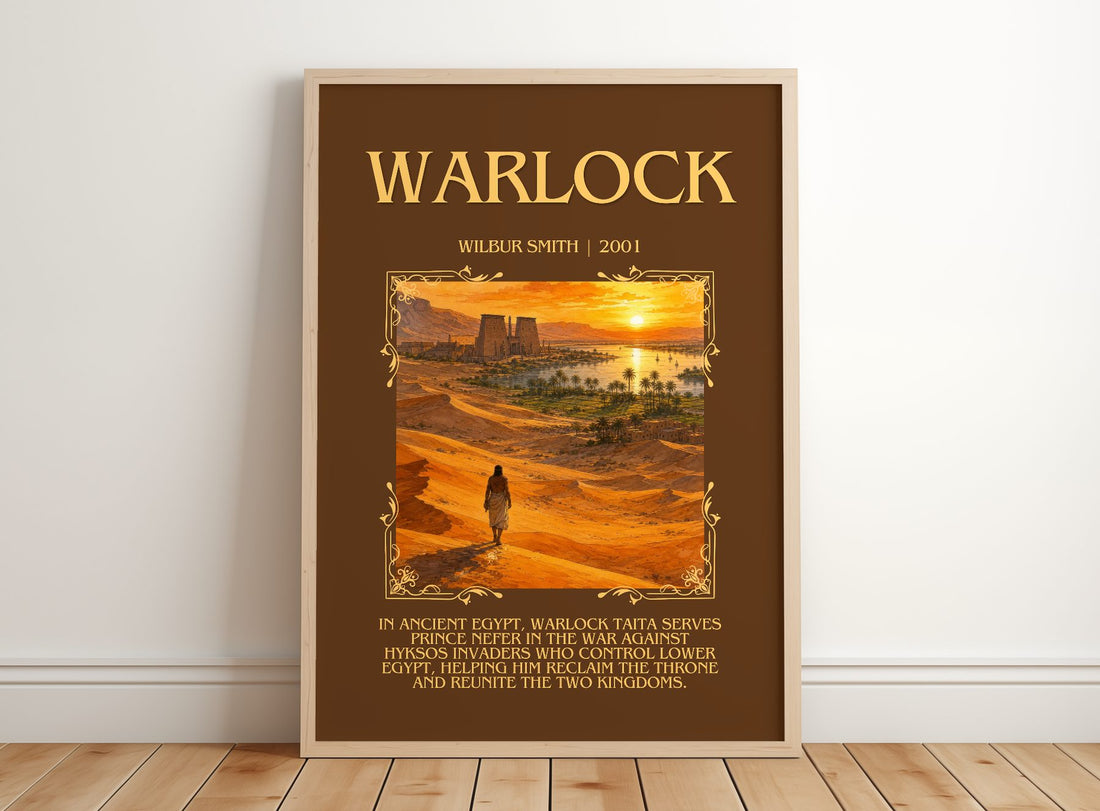 Warlock Minimalist Book Poster by Wilbur Smith – framed print leaning on a wooden floor