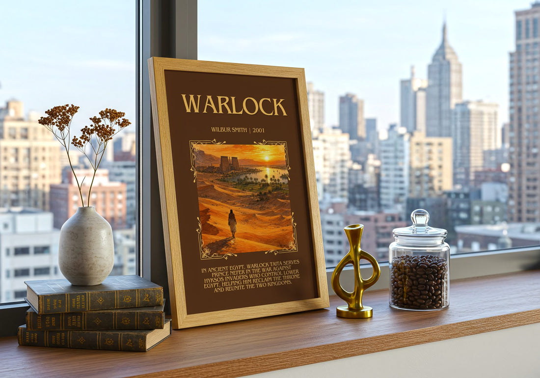 Warlock Minimalist Book Poster by Wilbur Smith – framed print on a city-view windowsill