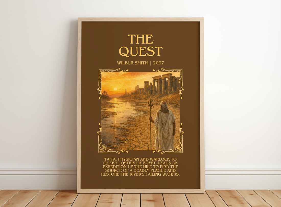 The Quest Minimalist Book Poster by Wilbur Smith – framed print leaning on a wooden floor