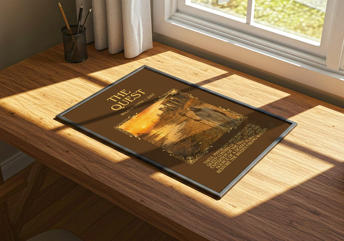 The Quest Minimalist Book Poster by Wilbur Smith – print on a sunlit desk