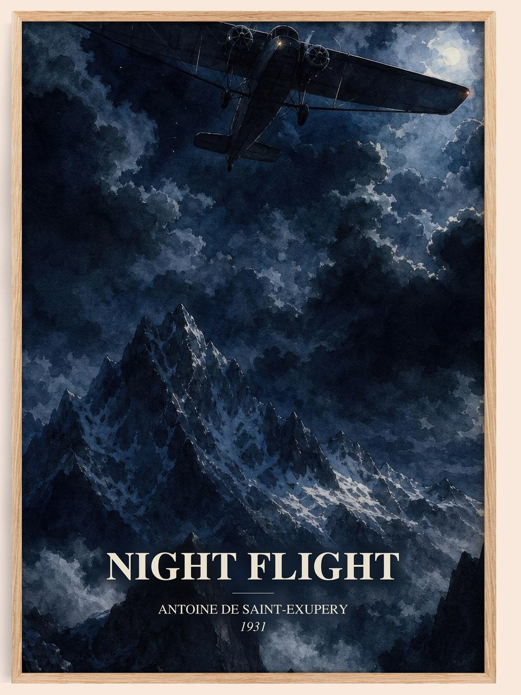 Night Flight watercolour book poster by Antoine De Saint-Exupery – framed literary art print