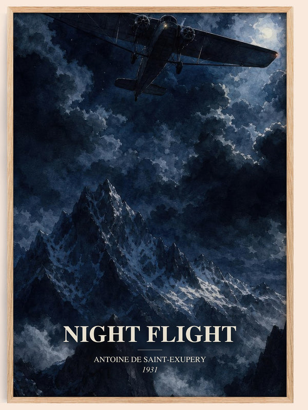 Night Flight watercolour book poster by Antoine De Saint-Exupery – framed literary art print
