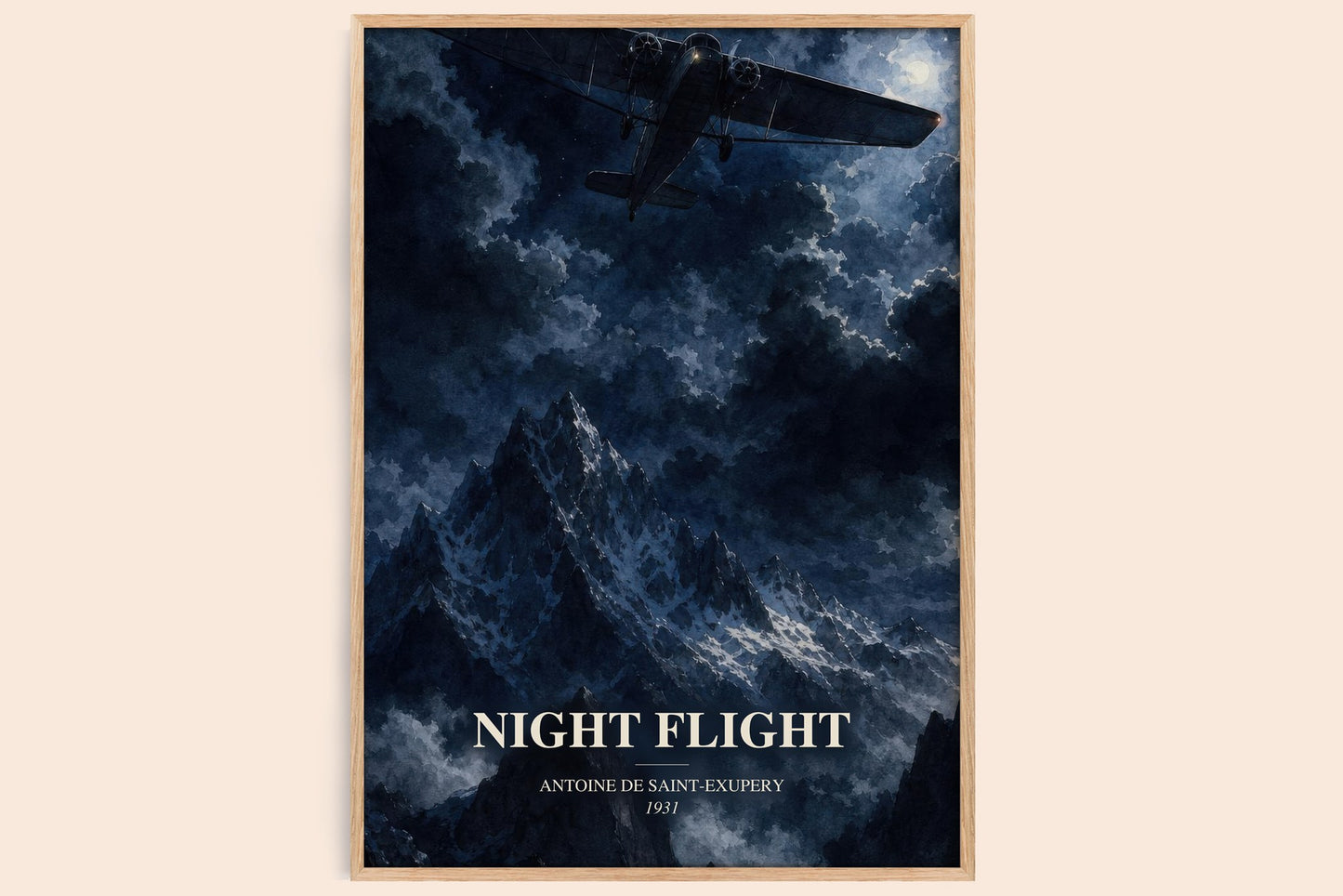 Night Flight watercolour book poster by Antoine De Saint-Exupery – framed literary art print
