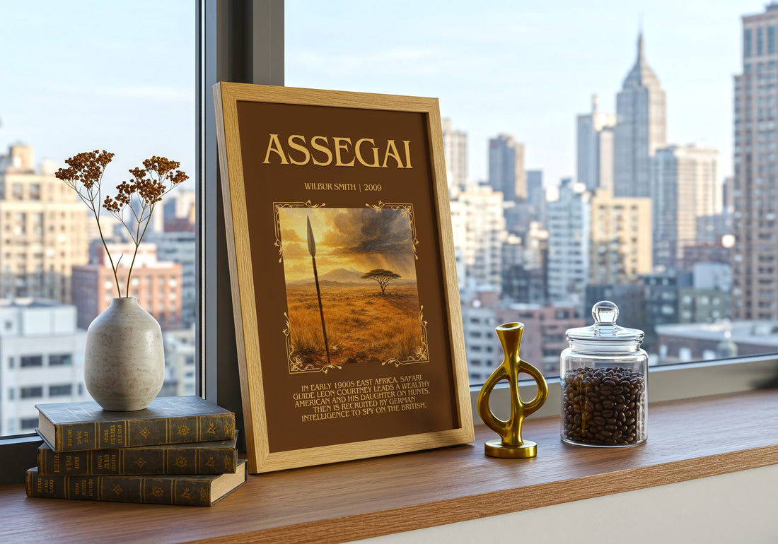 Assegai Minimalist Book Poster by Wilbur Smith – framed print on a city-view windowsill