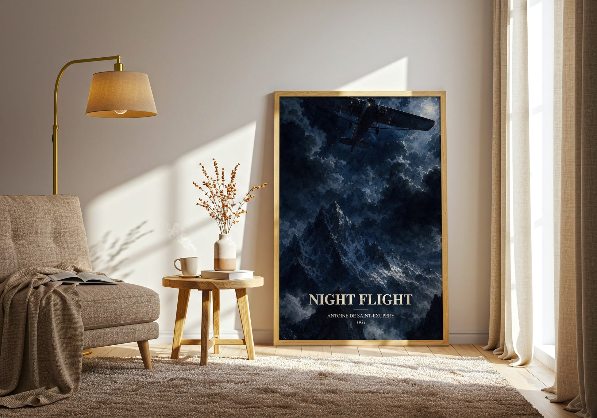 Night Flight watercolour print in frame leaning in hallway – literary fiction wall art