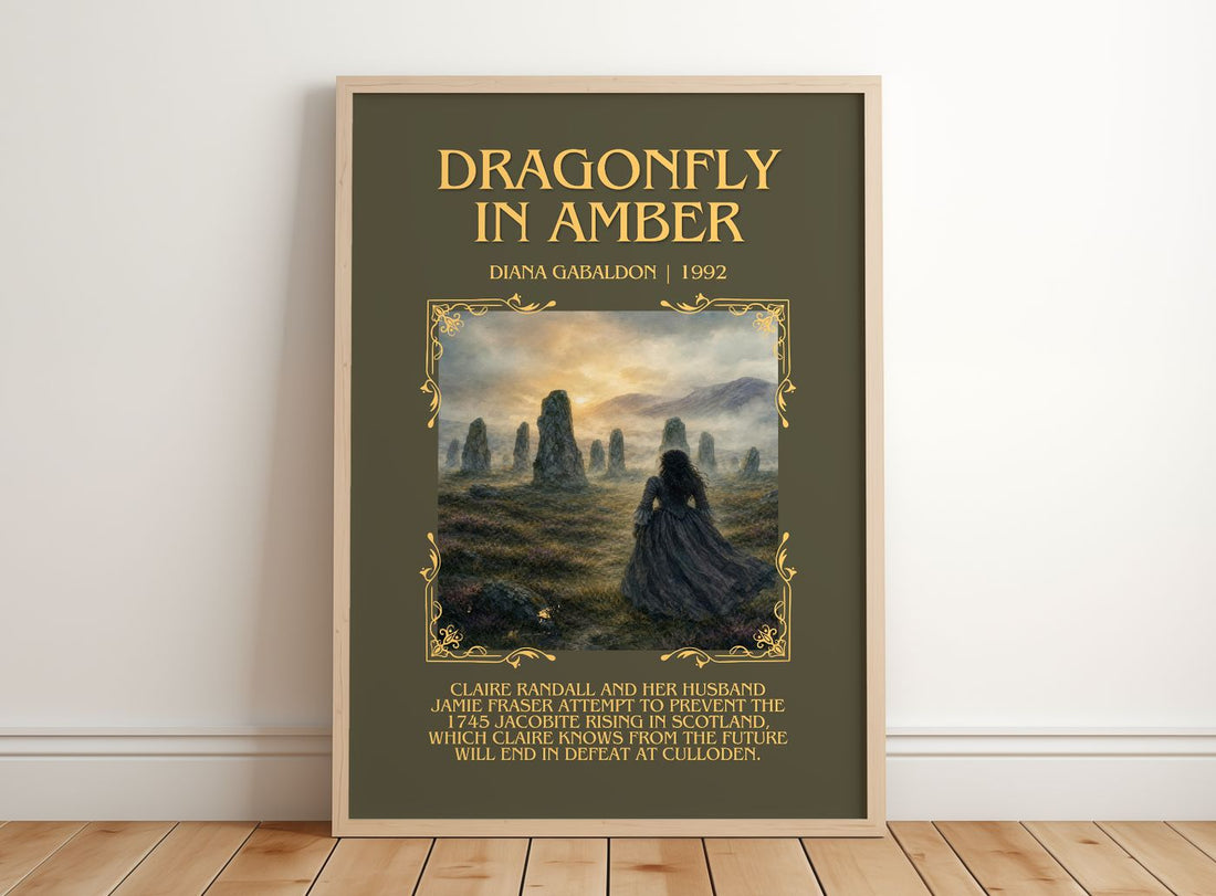 Dragonfly in Amber Minimalist Book Poster by Diana Gabaldon – framed print leaning on a wooden floor
