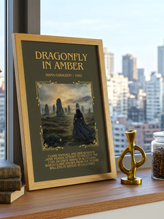 Dragonfly in Amber Minimalist Book Poster by Diana Gabaldon – framed print on a city-view windowsill