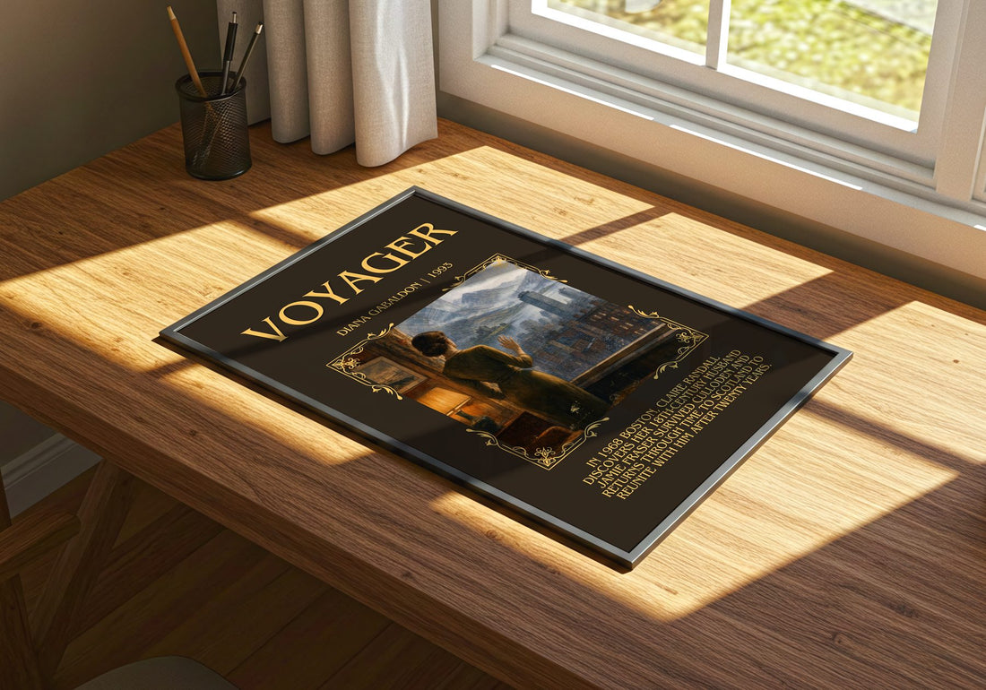 Voyager Minimalist Book Poster by Diana Gabaldon – print on a sunlit desk