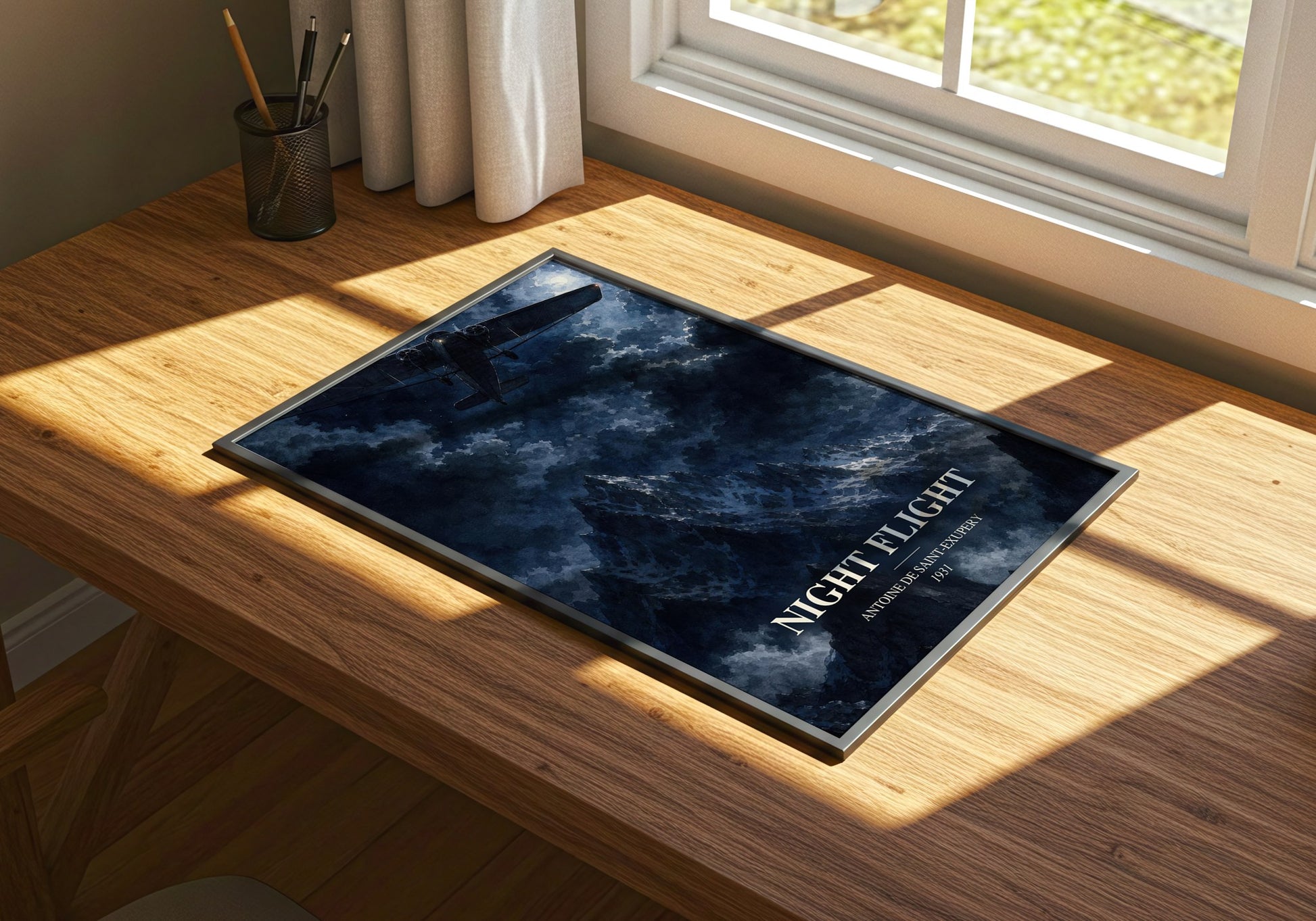 Night Flight watercolour book poster framed on wall – literary fiction wall art