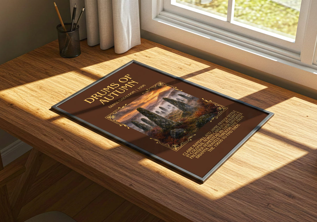 Drums of Autumn Minimalist Book Poster by Diana Gabaldon – print on a sunlit desk