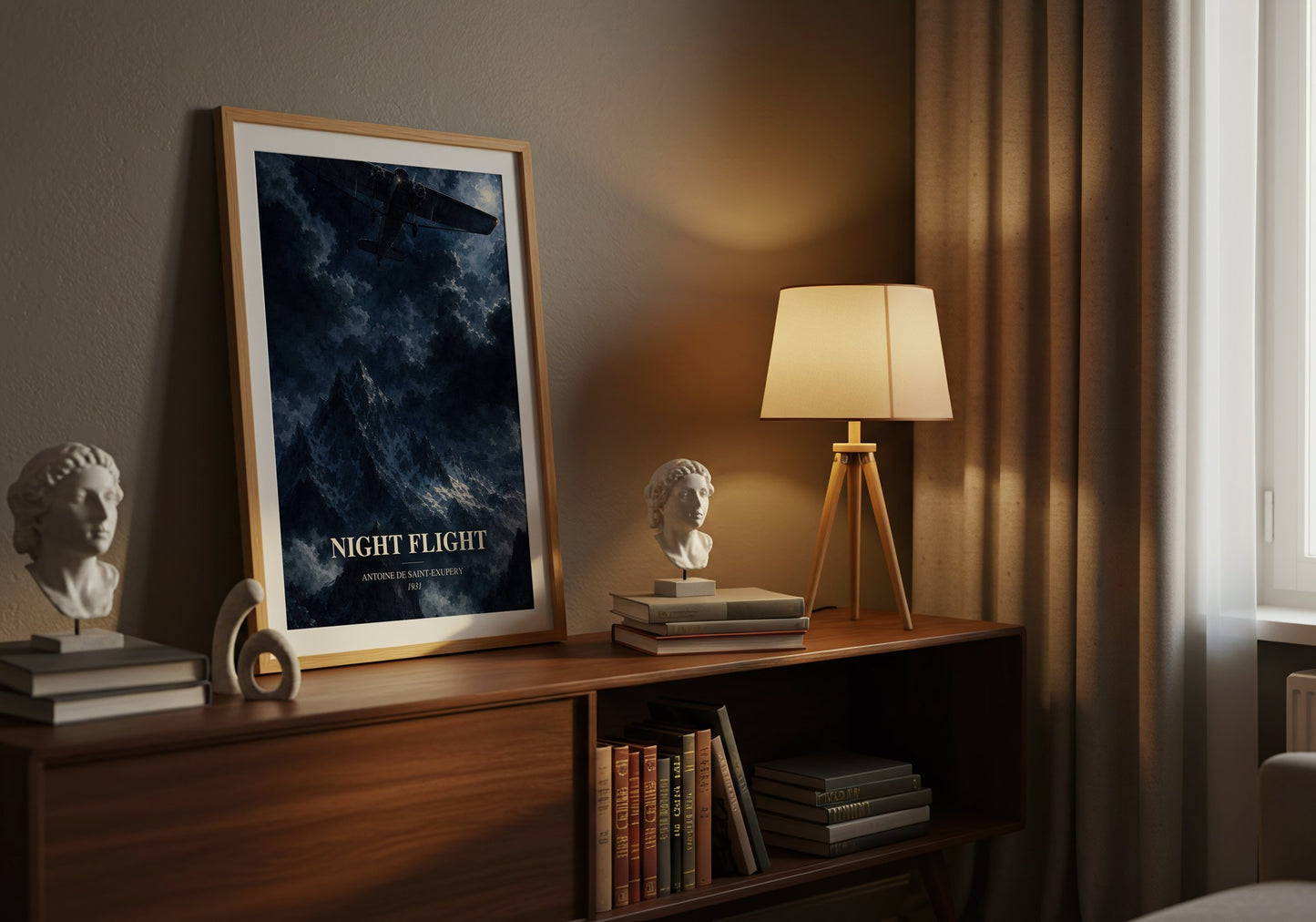 Night Flight watercolour print on bookshelf – Antoine De Saint-Exupery fan gift