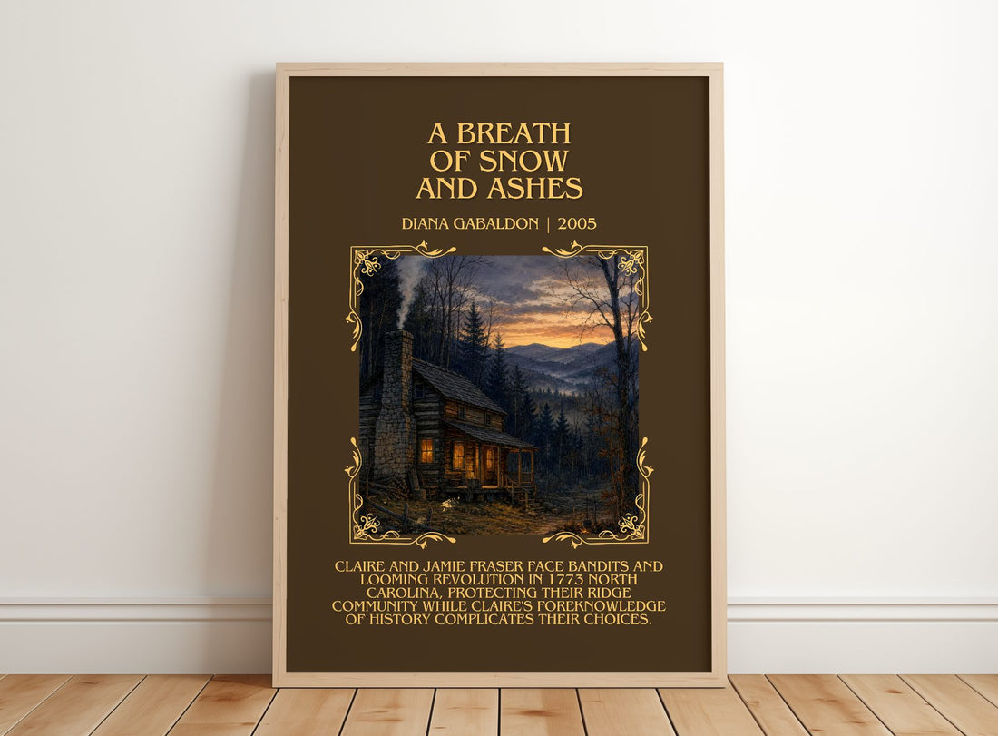 A Breath of Snow and Ashes Minimalist Book Poster by Diana Gabaldon – framed print leaning on a wooden floor