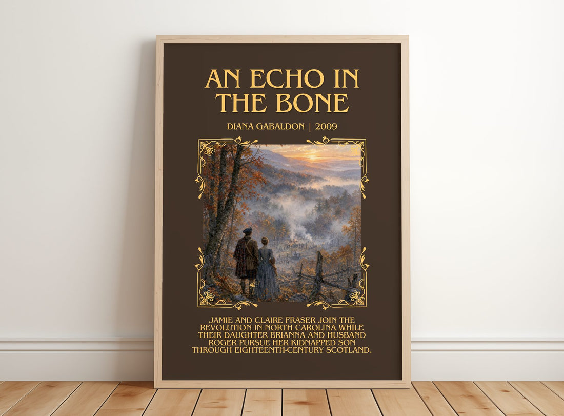 An Echo in the Bone Minimalist Book Poster by Diana Gabaldon – framed print leaning on a wooden floor