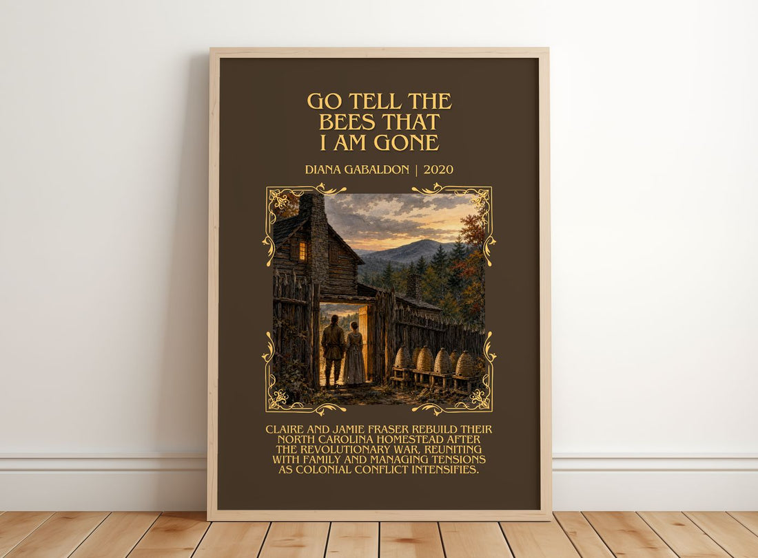 Go Tell the Bees That I Am Gone Minimalist Book Poster by D. Gabaldon – framed print leaning on a wooden floor