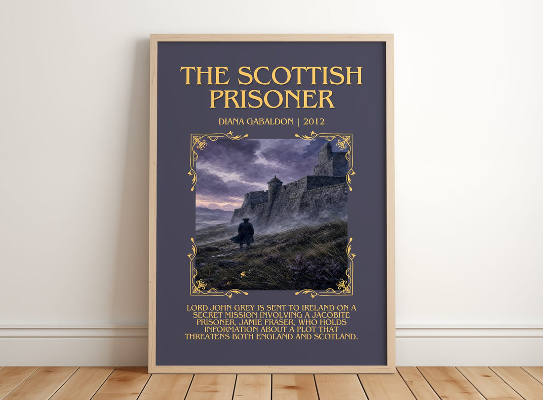 The Scottish Prisoner Minimalist Book Poster by Diana Gabaldon – framed print leaning on a wooden floor
