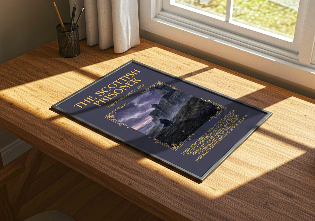 The Scottish Prisoner Minimalist Book Poster by Diana Gabaldon – print on a sunlit desk