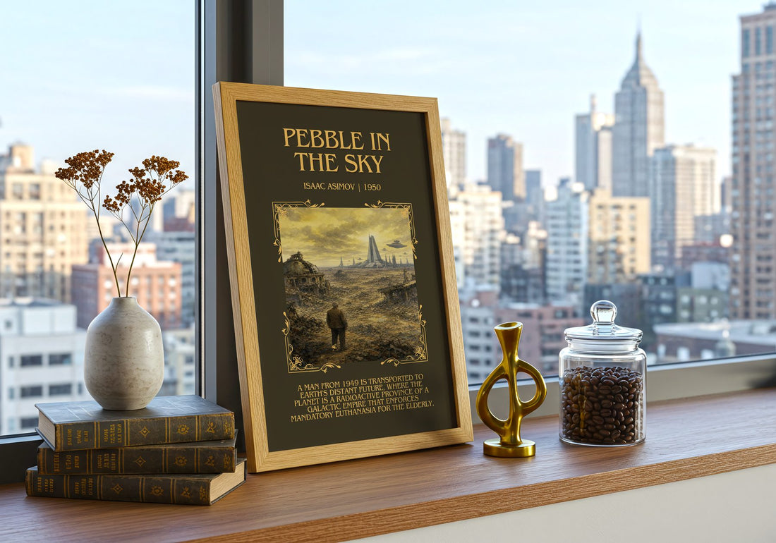 Pebble in the Sky Minimalist Book Poster by Isaac Asimov – framed print on a city-view windowsill
